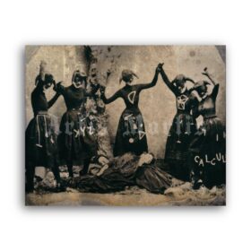 Printable Witches dancing in weird costumes with math symbols - old photo - vintage print poster