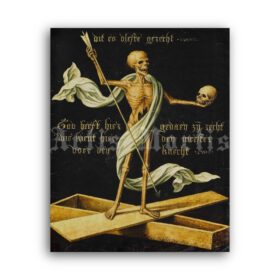 Printable Skeleton on a coffin holding a skull and an arch - medieval art - vintage print poster