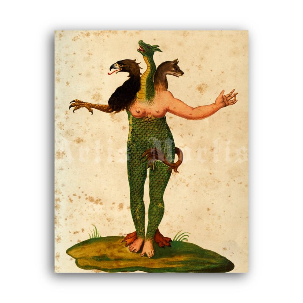 Printable Three-headed monster - medieval bestiary art, Ulisse Aldrovandi - vintage print poster