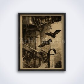 Printable Bats flying around the bells - vintage zoology art poster - vintage print poster