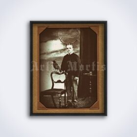 Printable Horned boy with the raven – Victorian photo montage poster - vintage print poster