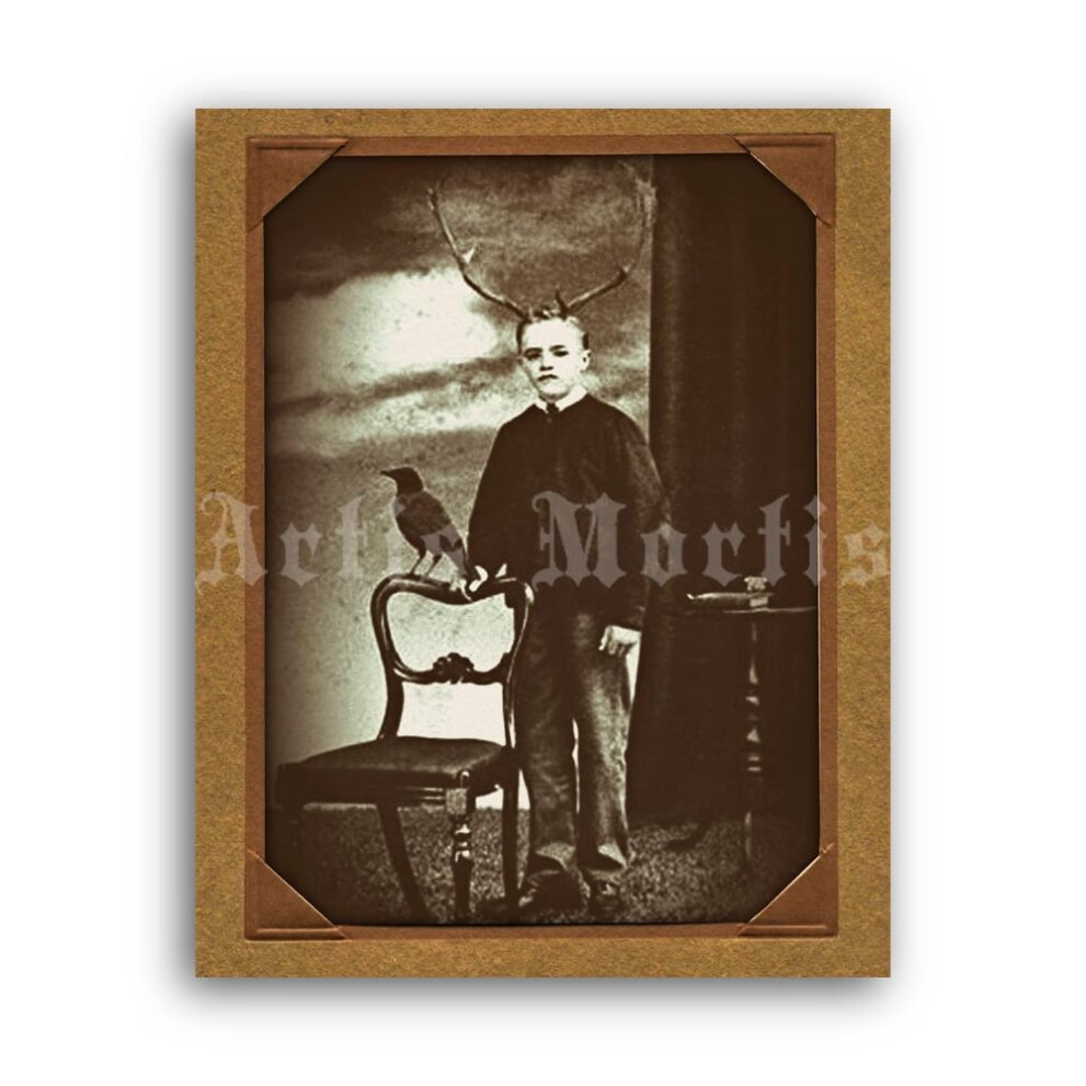 Printable Horned boy with the raven – Victorian photo montage poster - vintage print poster