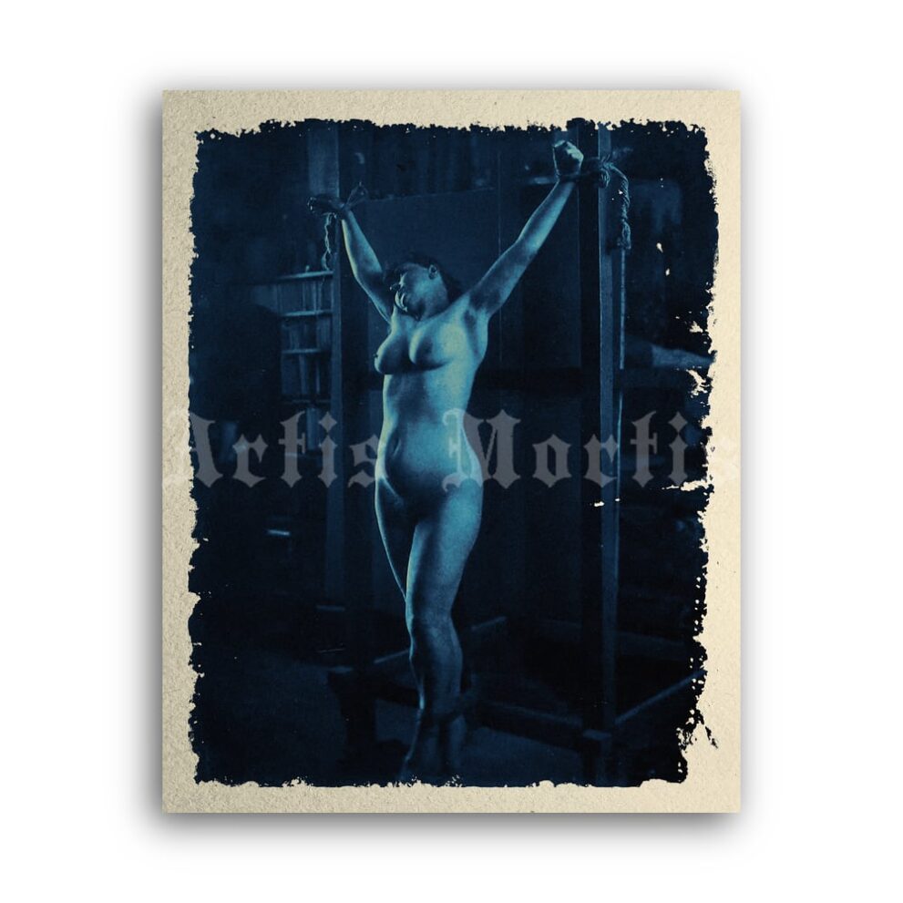 Printable Crucified woman - 1890s antique bondage, BDSM cyanotype - vintage print poster