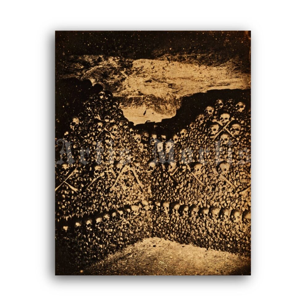 Printable Wall of skulls in Paris Catacombs photo by Nadar - vintage print poster