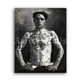 Printable Tattooed prisoner vintage photo – retro tattoo art, crime poster - vintage print poster