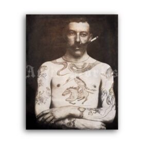 Printable Tattooed prisoner smoking cigarette, tattooed man photo - vintage print poster