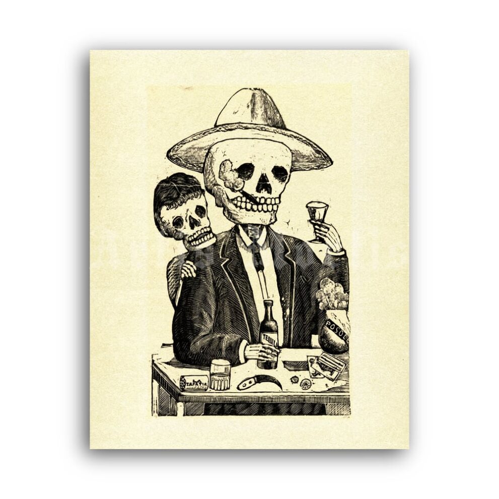 Printable Alcoholic Calavera - art by Jose-Guadalupe Posada - vintage print poster