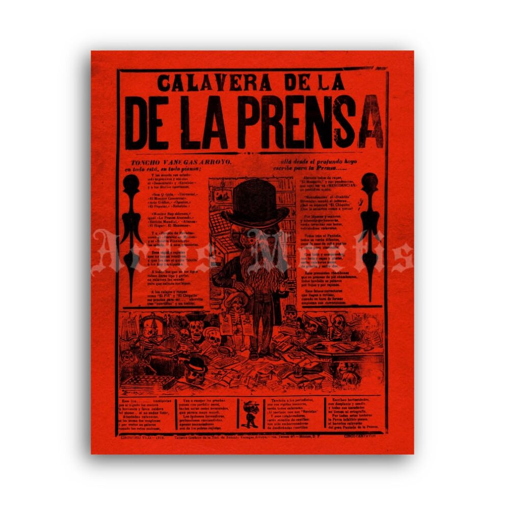 Printable Calavera of the press - art by Jose-Guadalupe Posada - vintage print poster
