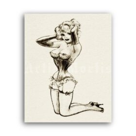 Printable Kneeling sexy girl – submissive, vintage fetish art by John Willie - vintage print poster