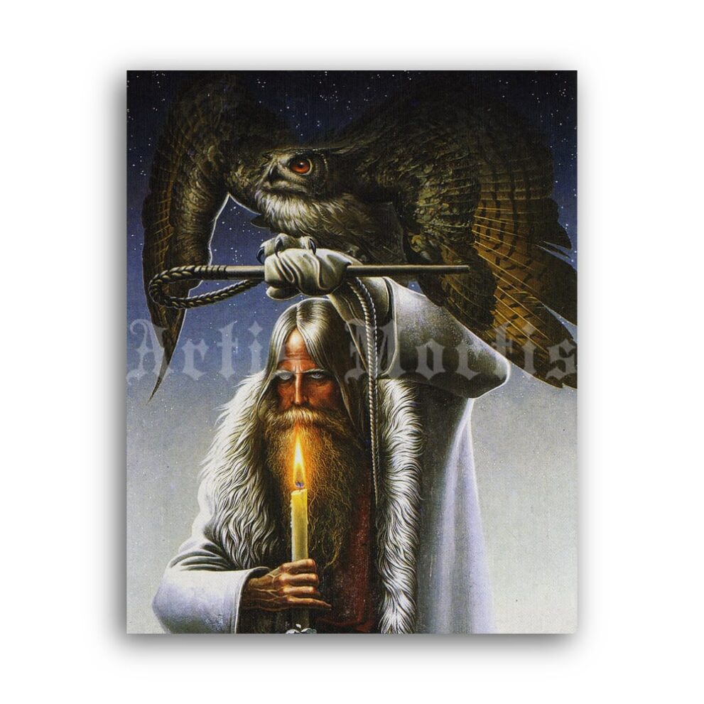 Printable Man with the owl, sorcerer, shaman - art by Konstantin Vasilev - vintage print poster