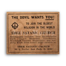 Printable The Devil Wants You - Thee Satanic Church ad poster - vintage print poster
