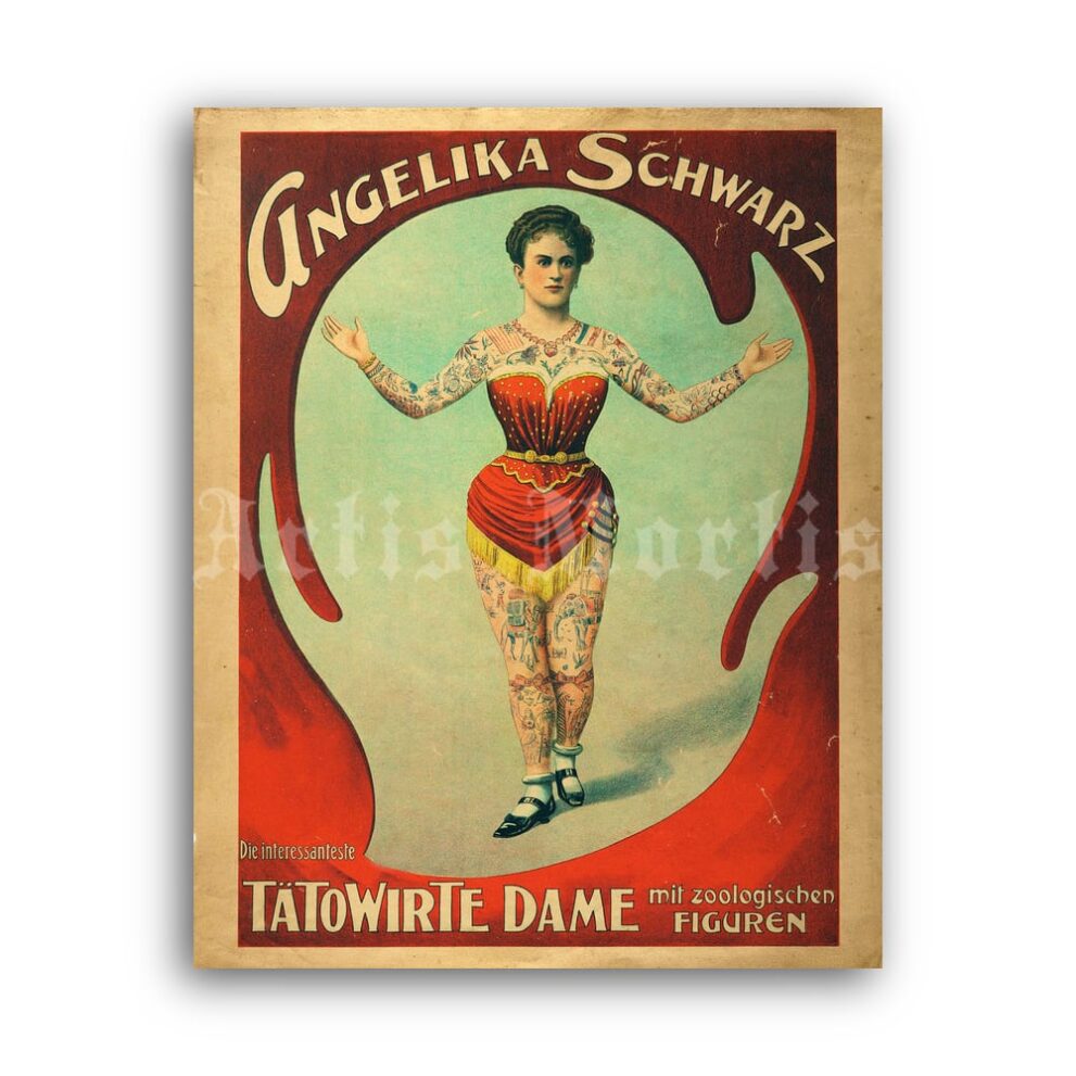 Printable Tattooed woman Angelika Schwarz - freak show poster - vintage print poster