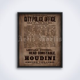 Printable Houdini – Liverpool City Police Office - 1904 print - vintage print poster
