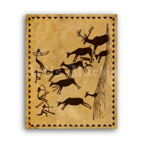 Printable Ancient hunting, hunters, animals, elk, rock painting print - vintage print poster