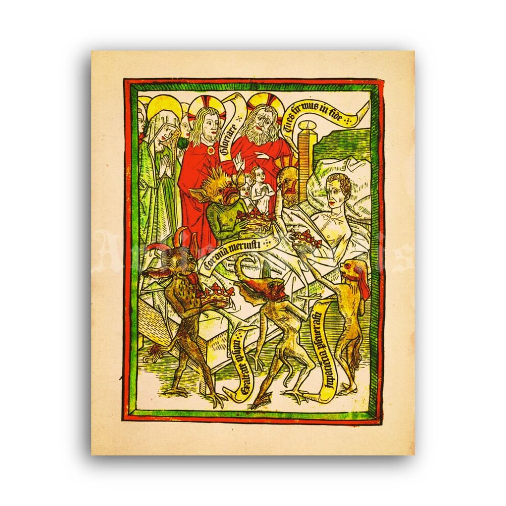 Printable Ars Moriendi - The Art of Dying manuscript, medieval dark art - vintage print poster