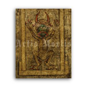 Printable Devil's Bible, Codex Gigas - Satan portrait print - vintage print poster