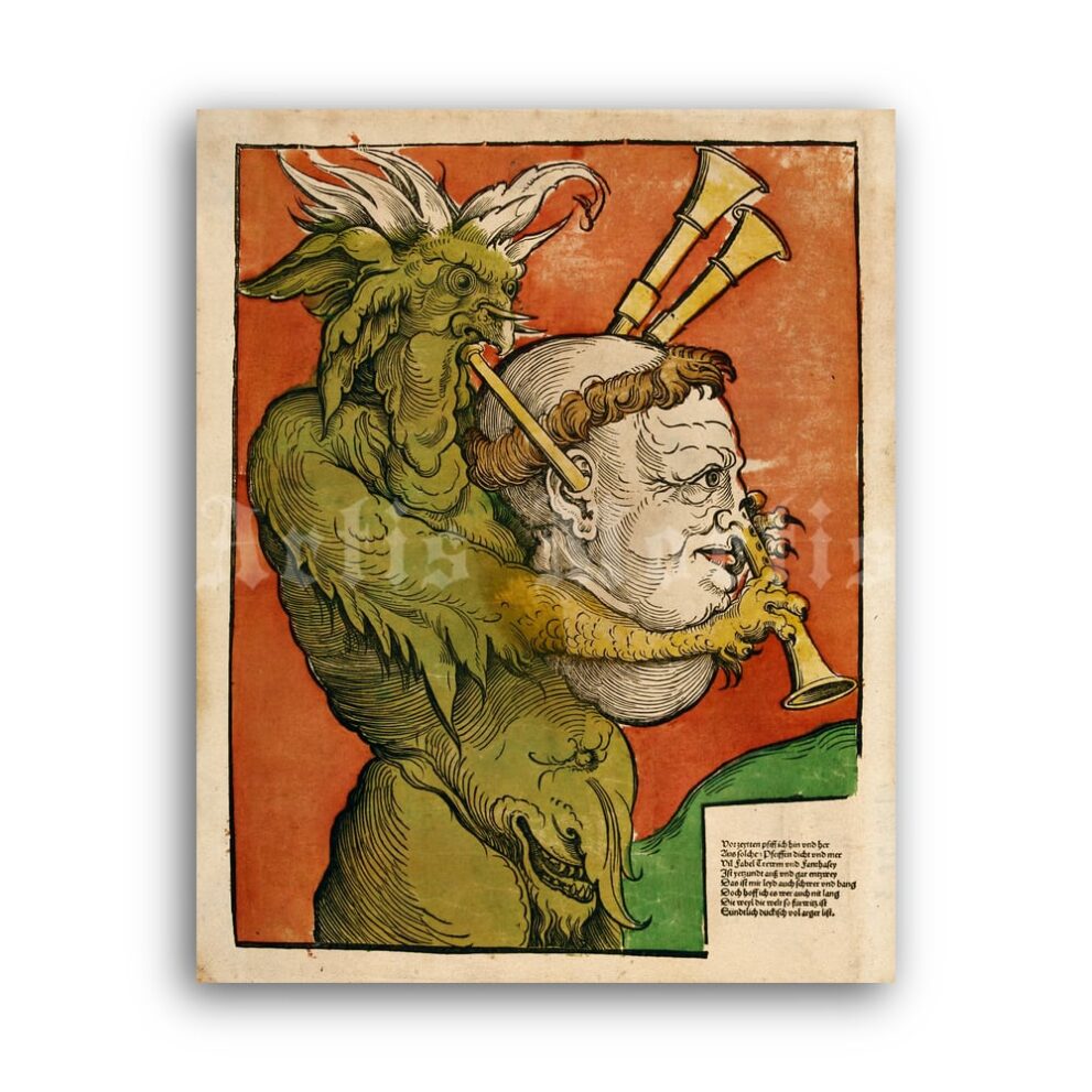 Printable The devil plays the bagpipes medieval art by Erchard Schon - vintage print poster