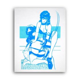 Printable Spanking in blue - vintage fetish, BDSM art by Harry Fisher - vintage print poster