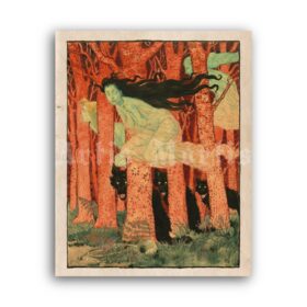 Printable Three forest witches and wolves - Eugene Grasset art poster - vintage print poster