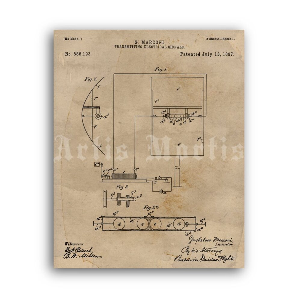 Printable Guglielmo Marconi patent, radio transmitter vintage print - vintage print poster