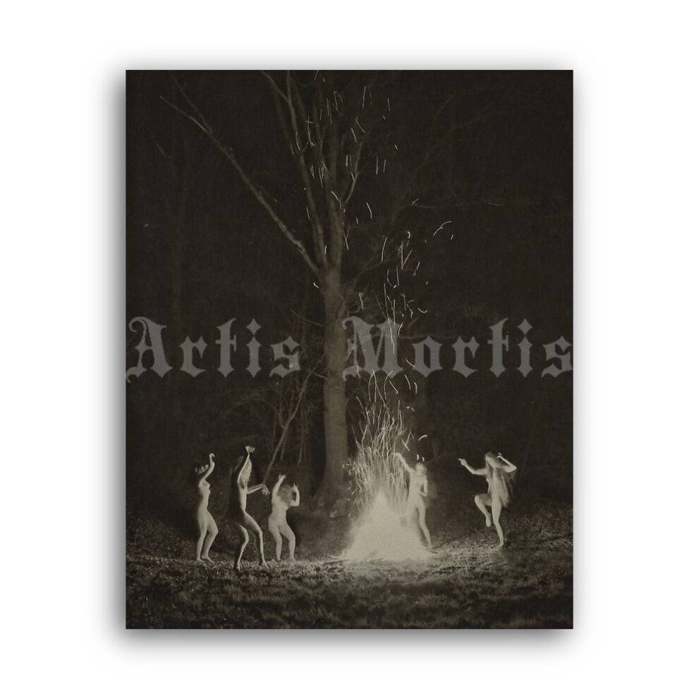 Printable Naked witches dancing around the fire in the night forest photo - vintage print poster