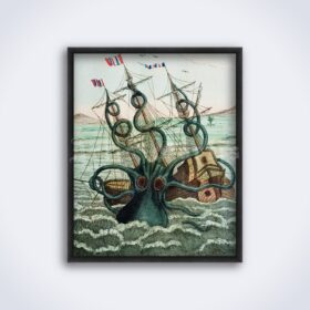 Printable Kraken, giant octopus, sea monster - colour engraving - vintage print poster