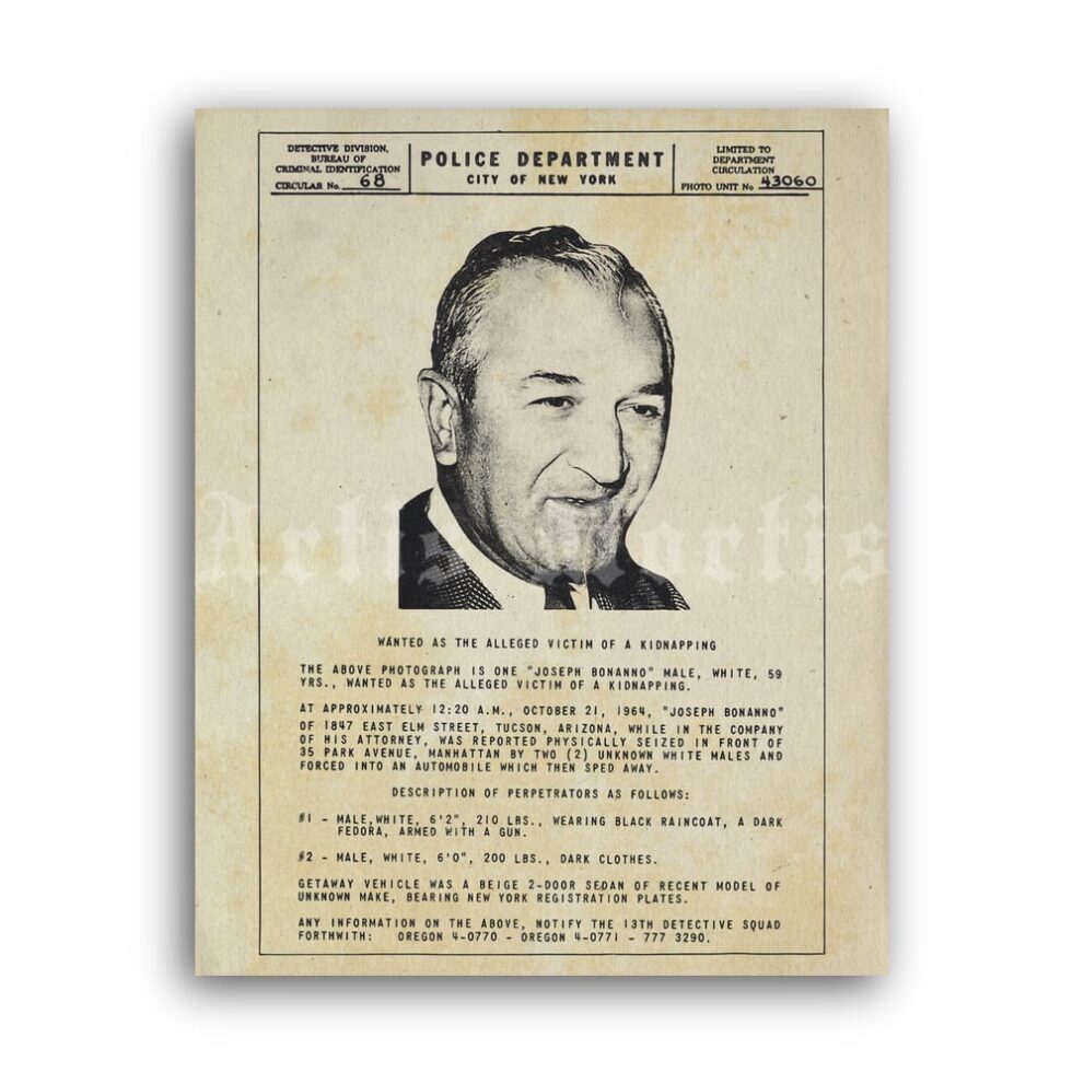 Printable Joseph Bonanno crime leader, mafia boss wanted poster - vintage print poster