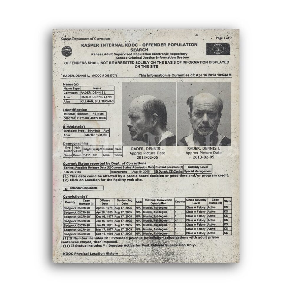 Printable Dennis Rader BTK killer - prison card, crime record, poster - vintage print poster