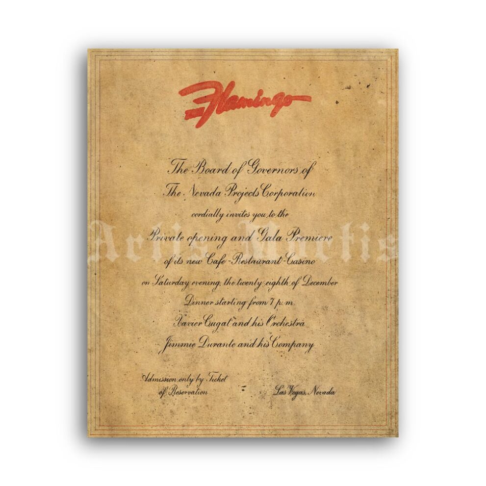 Printable The Flamingo Hotel&Casino of Bugsy Siegel opening invitation - vintage print poster