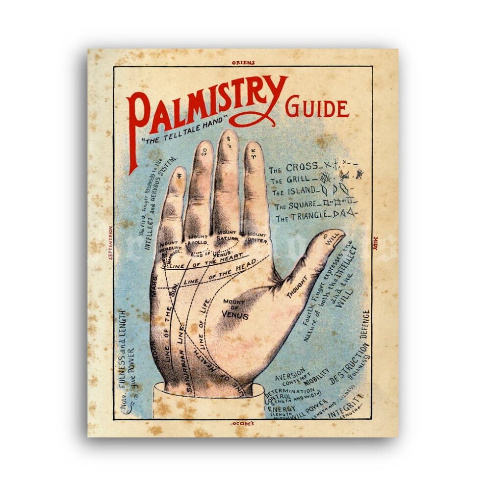 Printable Palmistry Guide - vintage chiromancy palm, fortune telling poster - vintage print poster