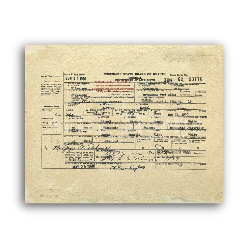 Printable Jeffrey Dahmer birth certificate, serial killer print, poster - vintage print poster