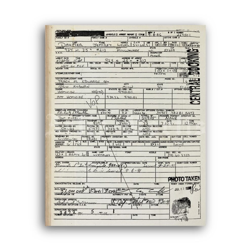 Printable Jeffrey Dahmer fingerprint FBI document, serial killer print - vintage print poster