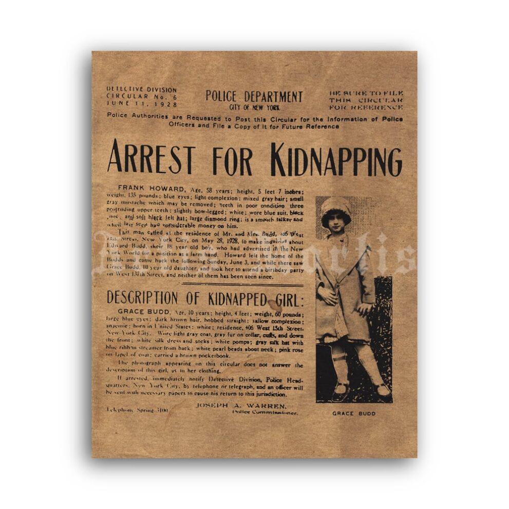 Printable Grace Budd Missing flyer Albert H Fish serial killer wanted poster - vintage print poster