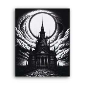 Printable Gravure 3886 - black castle, architecture, dark art by Artis Mortis - vintage print poster