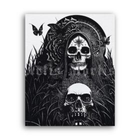 Printable Gravure 3895 - Field, macabre skulls, dark folk art by Artis Mortis - vintage print poster