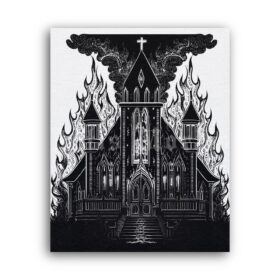Printable Gravure 3951 - Burning Church, satanic dark art by Artis Mortis - vintage print poster