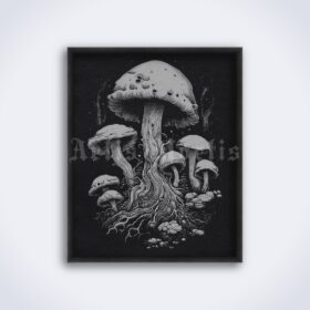 Printable Gravure 4425 - Magic Mushrooms, stippling art by Artis Mortis - vintage print poster