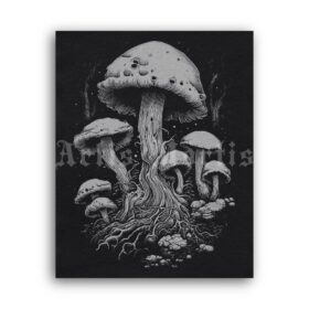 Printable Gravure 4425 - Magic Mushrooms, stippling art by Artis Mortis - vintage print poster