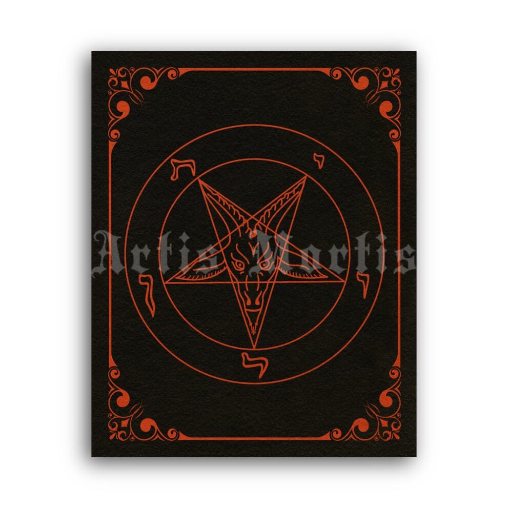 Printable Baphomet sigil, satanic church pentagram, red-black print - vintage print poster