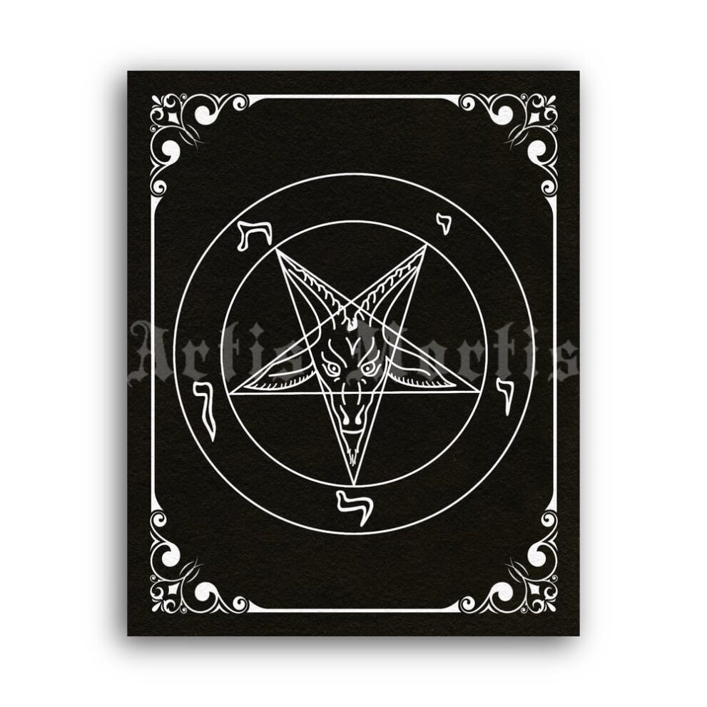 Printable Baphomet sigil, satanic church pentagram, white-black print - vintage print poster