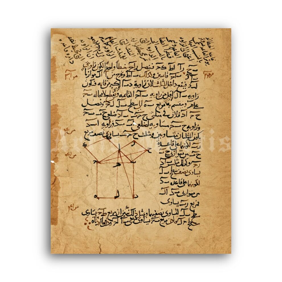 Printable Pythagorean theorem ancient Arabian manuscript, math poster - vintage print poster