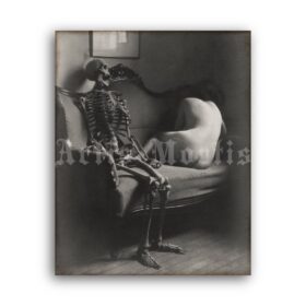 Printable Skeleton and woman on the couch, photo by Franz Fiedler - vintage print poster