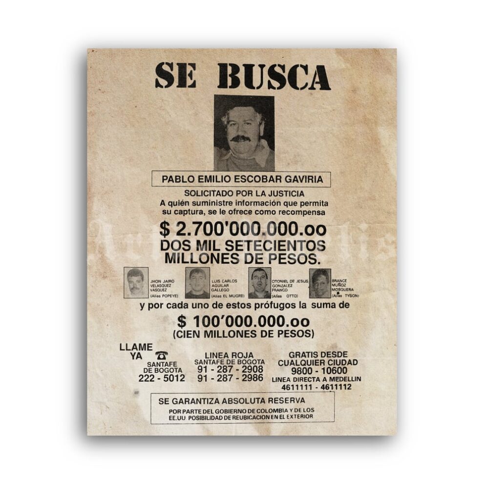 Printable Pablo Escobar with gang members - se busca, wanted poster - vintage print poster