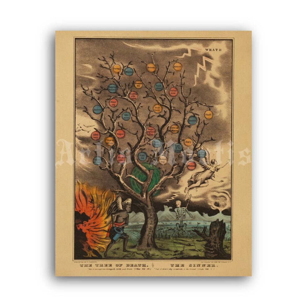 Printable Tree of Death, the Sinner, religious symbolism illustration - vintage print poster