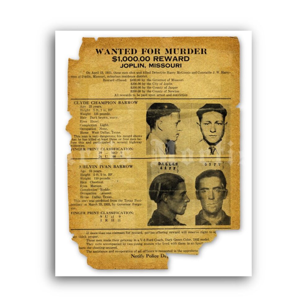 Printable Clyde Barrow and Melvin Barrow wanted for murder 1930s poster - vintage print poster